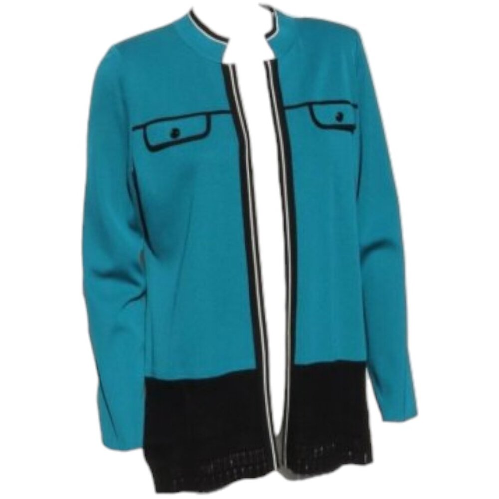 Exclusively Misook Open Cardigan Blazer w/Decorative Hem - Blue/black - L
